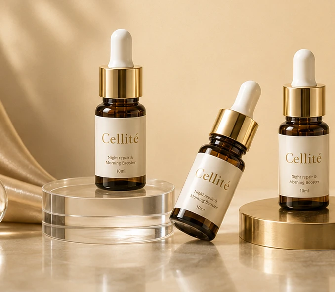 아침 루틴을 표현한 골드 톤 Cellité 앰플